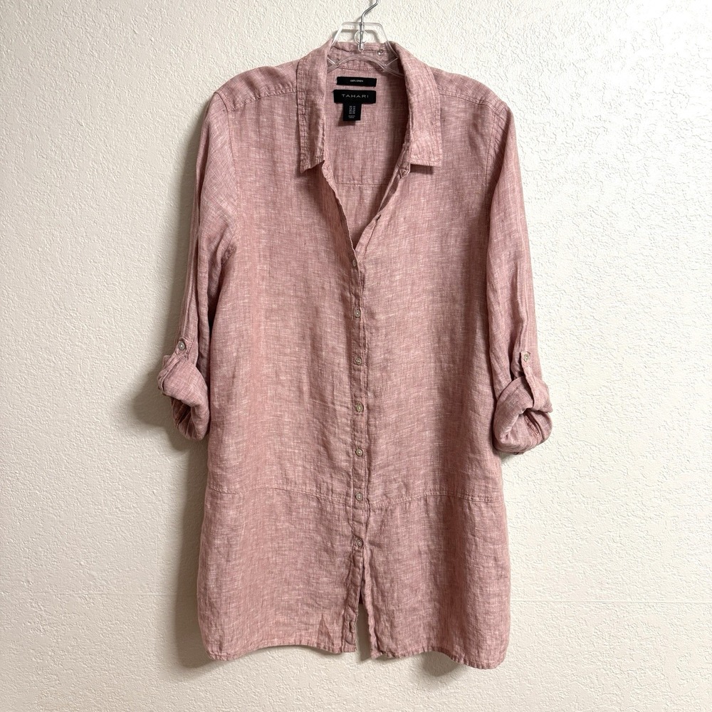 Tahari Tunic Top Womens 1X Pink Linen Roll Tab Sleeve Minimal Classic Button Up